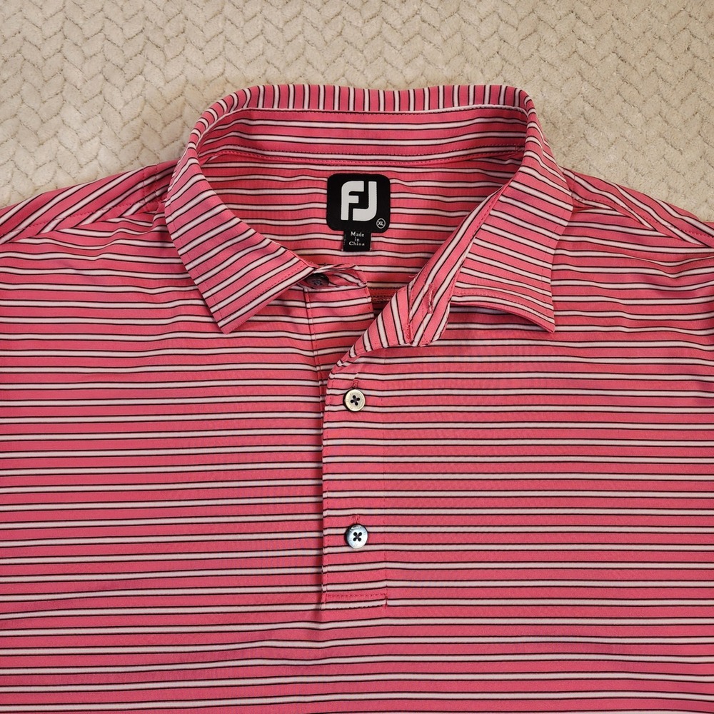FJ FootJoy Golf Polo Shirt Men's XL Pink White‎ Stripe Short Sleeve Performance
